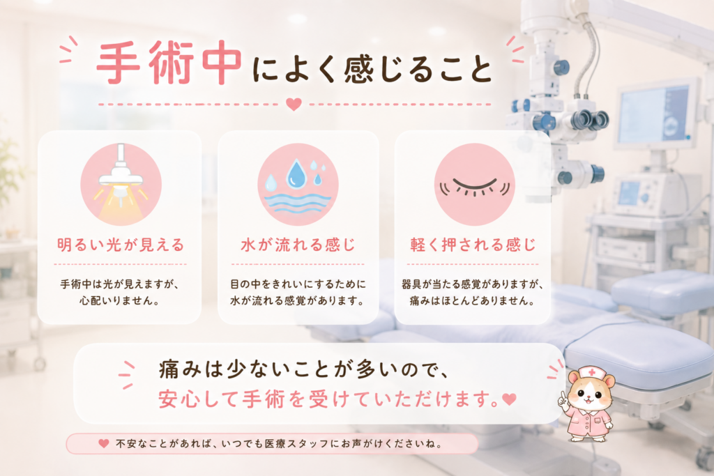 白内障手術中によく感じることを解説した画像。明るい光・水が流れる感覚・軽く押される感覚など、痛みは少ないことが多いことを紹介する画像