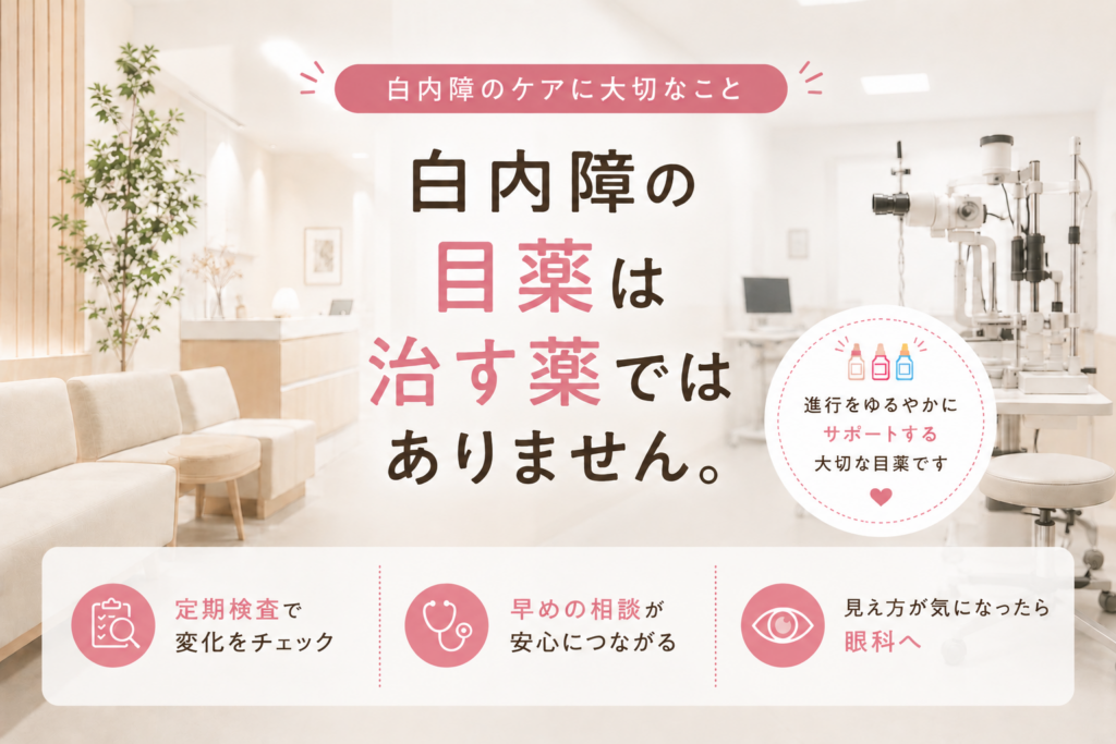 内障の目薬は白内障を治す薬ではなく、進行をゆるやかにする目的で使用されることがあることや、定期検査の大切さを説明した画像。