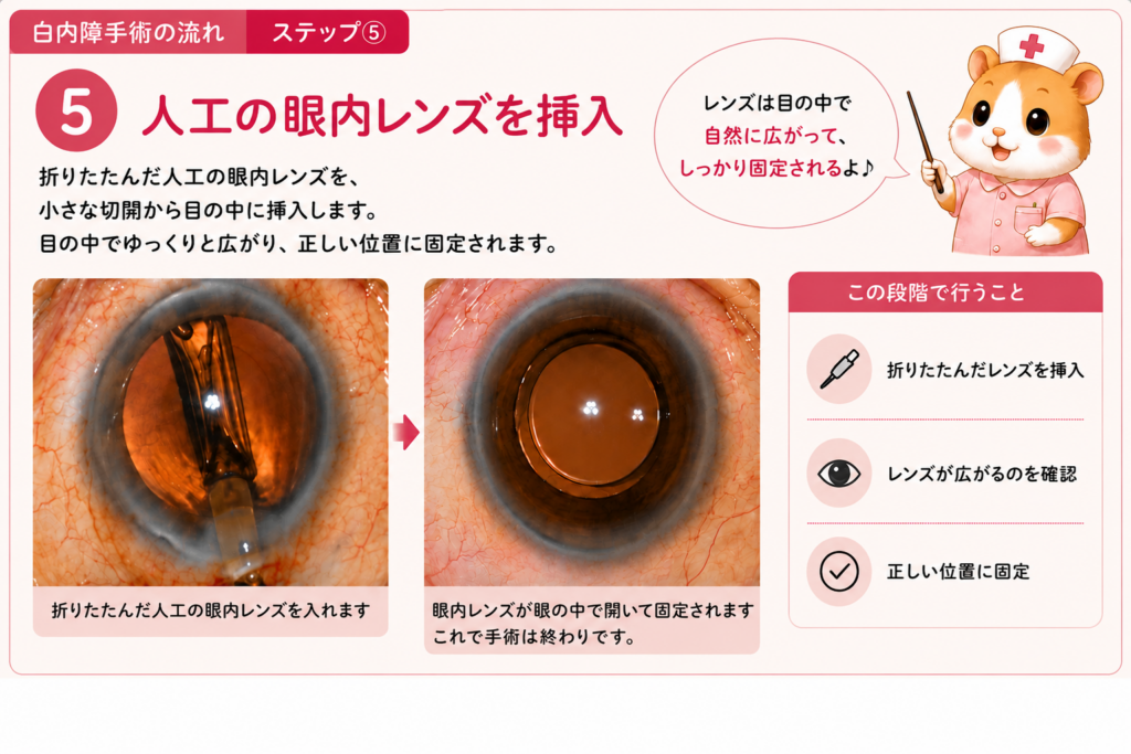 白内障手術で人工眼内レンズ(IOL)を挿入する工程を解説した図解。折りたたんだレンズを小さな切開から挿入し、目の中で広がって正しい位置に固定される様子を紹介した画像。