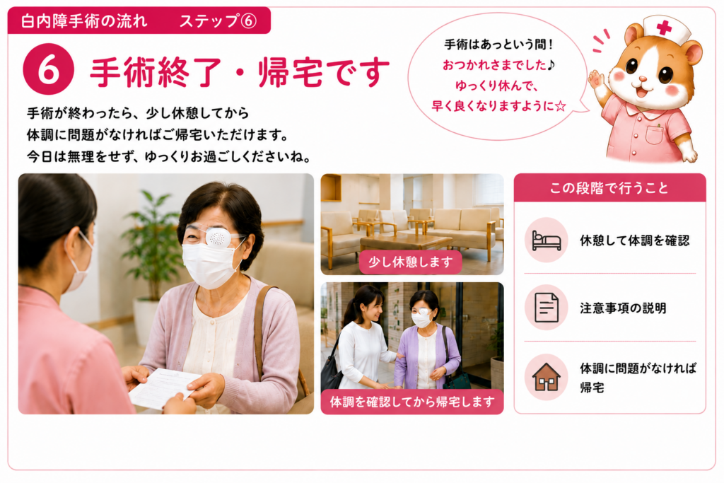白内障手術終了後の流れを解説した図解。休憩して体調を確認し、術後の注意事項の説明を受け、問題がなければ帰宅する様子を紹介した画像。