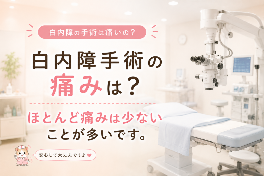 白内障手術の痛みについて解説した画像。手術はほとんど痛みが少ないことが多く、安心して受けられるよう紹介している画像