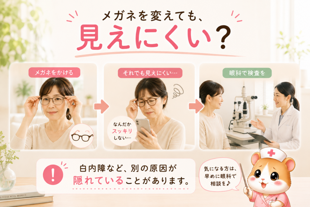メガネを変えても見えにくいと感じる白内障の初期症状と眼科受診のイメージ画像
