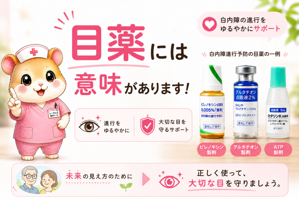 白内障の目薬の役割を説明した画像。目薬は白内障の進行をゆるやかにする目的で使用されることがあり、大切な目を守るために正しく使うことが重要であることを紹介すると画像