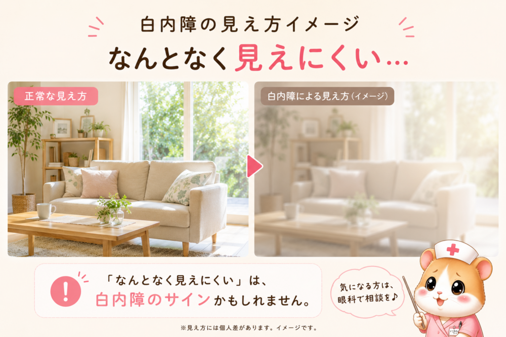 白内障による見え方の変化を正常な見え方と比較したイメージ