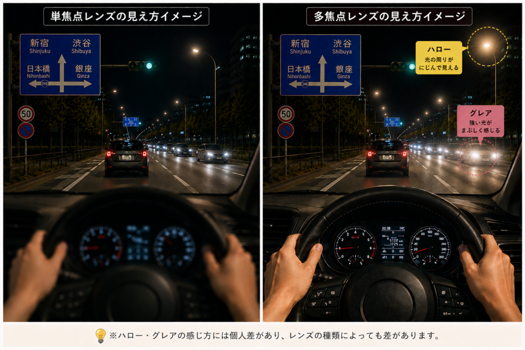 夜間運転時の単焦点レンズと多焦点レンズの見え方を比較したイメージ画像。単焦点レンズでは遠方の道路標識や車が比較的くっきり見え、多焦点レンズではハローやグレアによって街灯や対向車のライトがにじんで見える様子を比較。