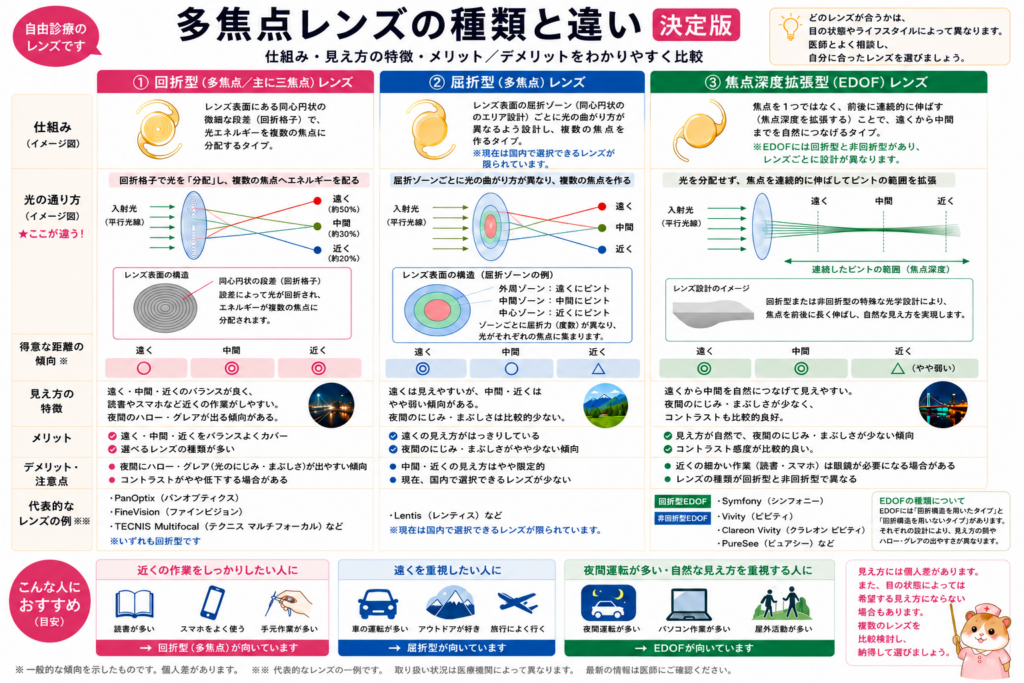 白内障手術で使用される多焦点眼内レンズ（回折型・屈折型・焦点深度拡張型EDOF）の仕組み、光の通り方、見え方の特徴、メリット・デメリット、代表レンズ、向いている人を比較した図解。