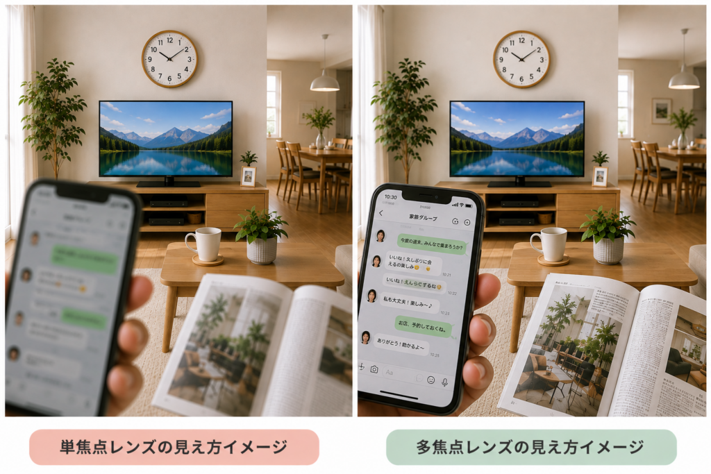 単焦点レンズと多焦点レンズを入れた場合の裸眼での見え方を比較したイメージ画像。リビングで遠くのテレビや時計と、手前のスマートフォンや雑誌がどのように見えるかを左右で比較。