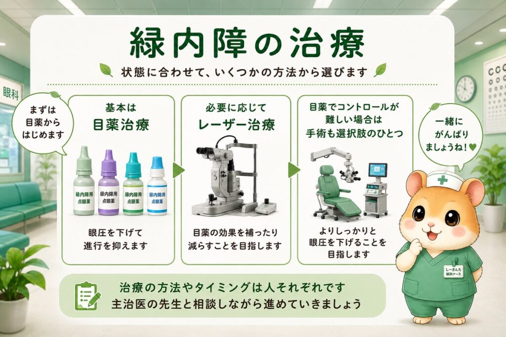 緑内障の治療方法を目薬・レーザー・手術に分けて解説した図解