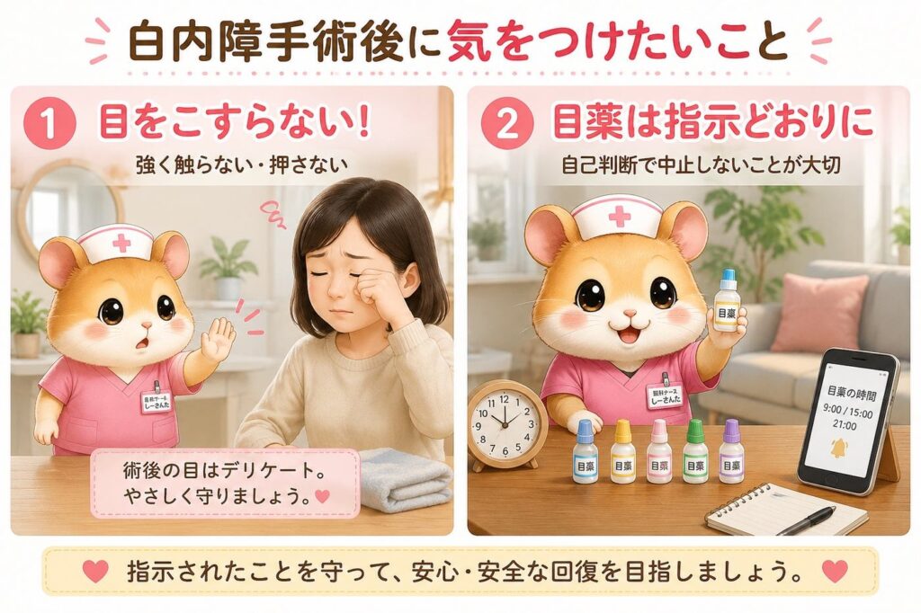 白内障手術後に気をつけることを紹介する画像。目をこすらないことと処方された目薬を指示どおりに使うことを説明
