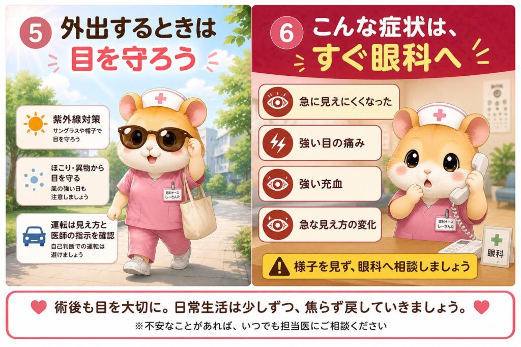 白内障手術後の外出や運転で気をつけることと、急に見えにくくなった、強い目の痛み、強い充血、急な見え方の変化など受診が必要な症状を紹介する画像