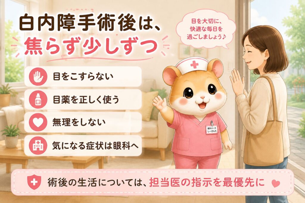 白内障手術後の過ごし方をまとめた画像。目をこすらない、目薬を正しく使う、無理をしない、気になる症状は眼科へ相談することを紹介