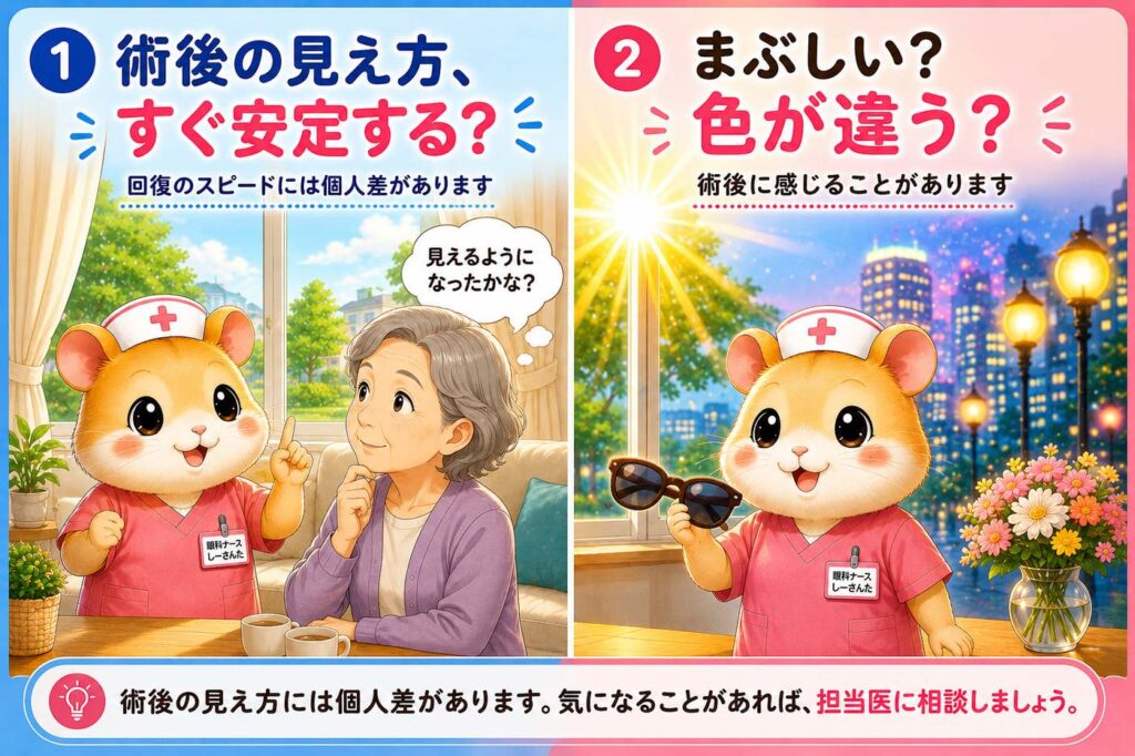 白内障手術後の見え方には個人差があり、まぶしさや色の違いを感じることがあることを紹介する画像