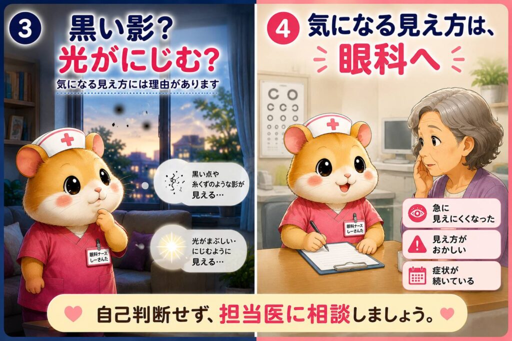 白内障手術後に黒い影や光のにじみが見える場合と、急に見えにくくなったなど気になる見え方が続く場合は眼科へ相談することを紹介した画像
