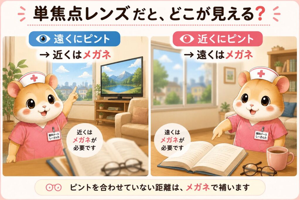 単焦点眼内レンズで遠くまたは近くにピントを合わせた場合のメガネの必要性を説明する画像