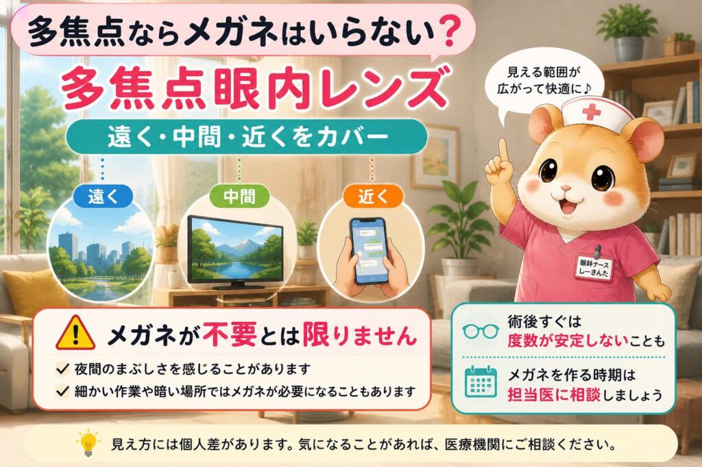 多焦点眼内レンズは遠く・中間・近くをカバーする一方、メガネが必要になる場合や術後すぐは度数が安定しないことを説明する画像