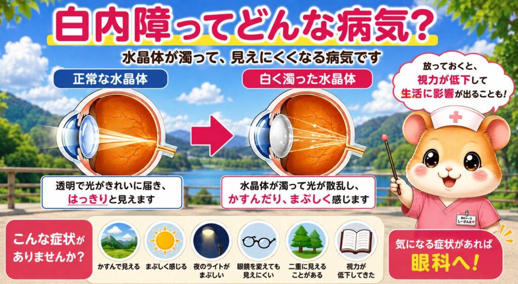 白内障で水晶体が濁る仕組みと正常な水晶体との違いを示した図解