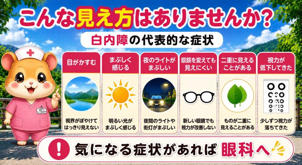 白内障の代表的な症状である目のかすみ、まぶしさ、夜のライトのまぶしさ、眼鏡を変えても見えにくい、二重に見える、視力低下をまとめた図
