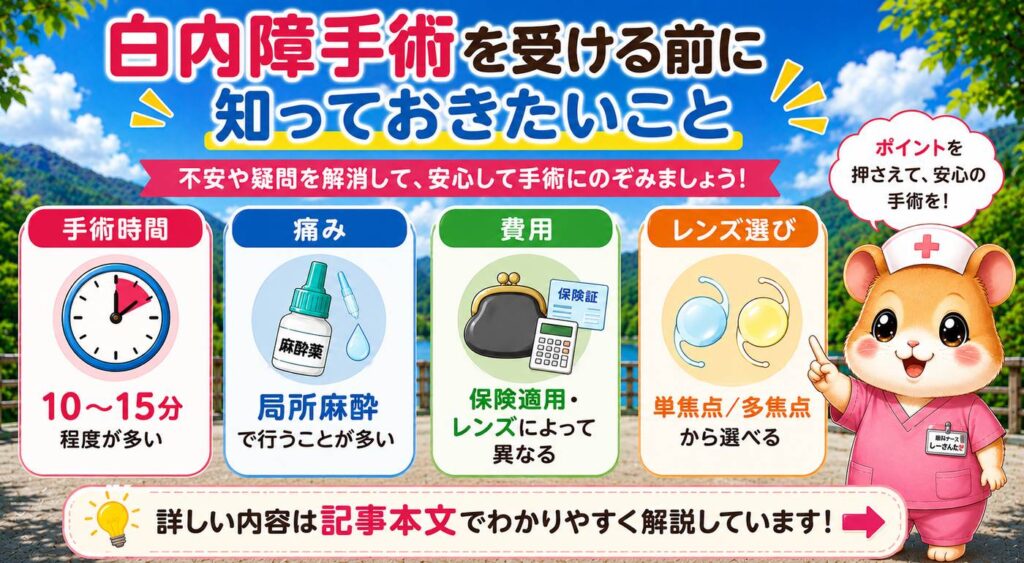 白内障手術前に知っておきたい手術時間、痛み、費用、単焦点と多焦点レンズの選び方をまとめた図解