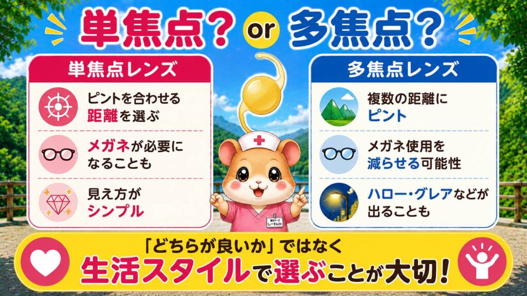 白内障手術で使う単焦点レンズと多焦点レンズの違いを比較した図解