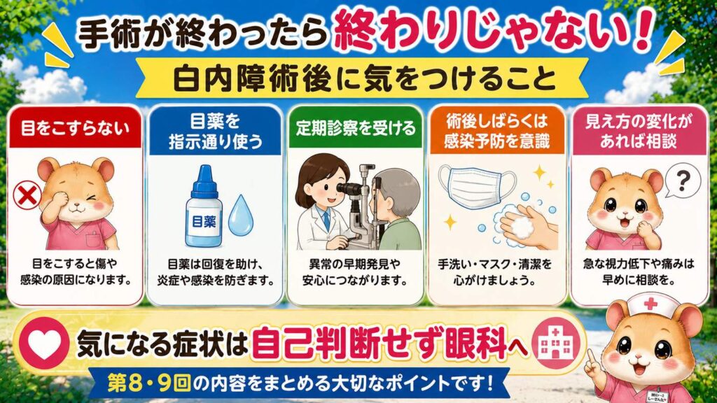 白内障手術後に気をつけることとして、目をこすらない、目薬を指示通り使う、定期診察を受ける、感染予防を意識する、見え方の変化があれば相談するポイントをまとめた図解