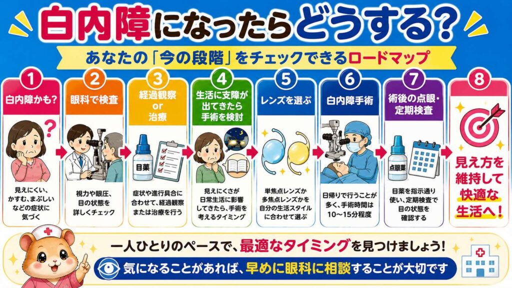 白内障になった場合の流れを、眼科での検査、経過観察や治療、手術の検討、レンズ選び、白内障手術、術後の点眼と定期検査まで順番にまとめたロードマップ