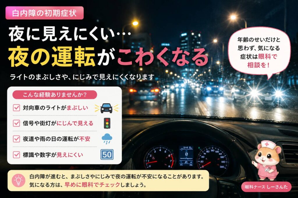 夜に見えにくく夜の運転が不安になる白内障の初期症状を説明する