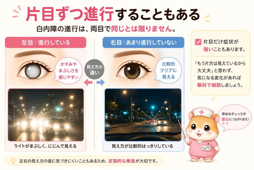 白内障が片目ずつ進行することがあり左右で見え方に違いが出ることを説明した画像