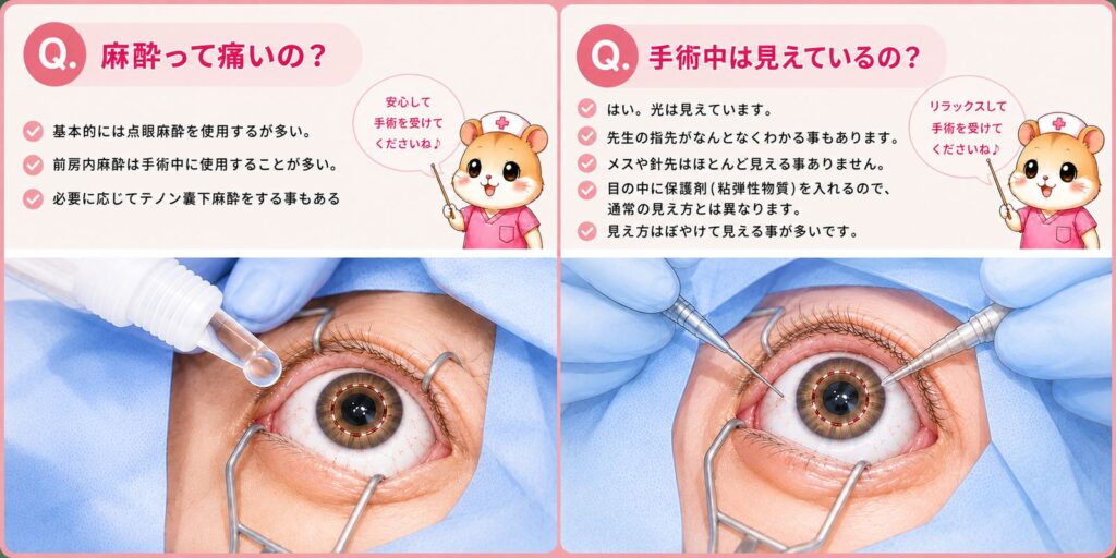 白内障手術で使用する麻酔と手術中の見え方をイラストで解説した画像