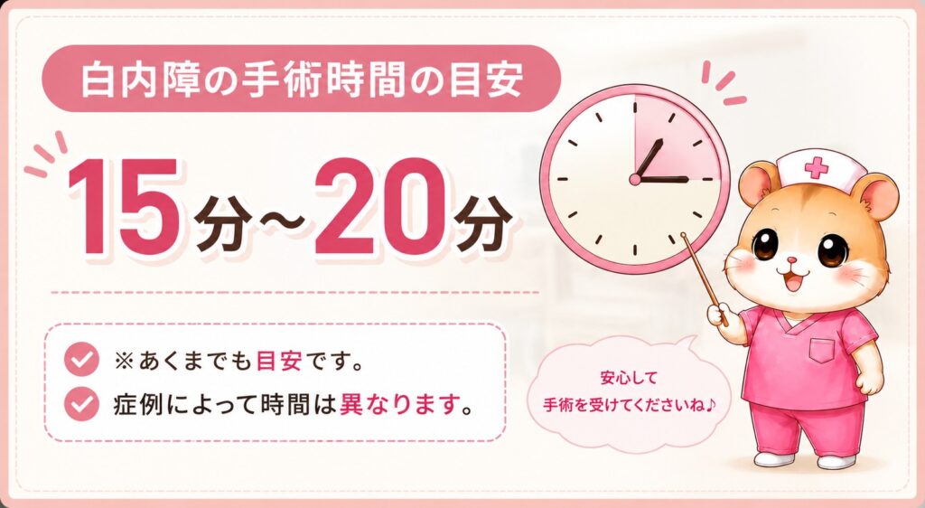 白内障手術の時間の目安15分〜20分を時計とハムスターナースで紹介する画像
