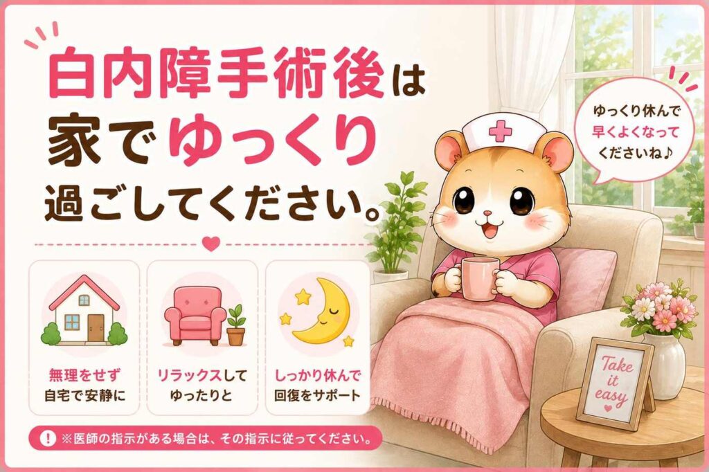 白内障手術後は無理をせず自宅でゆっくり過ごすことを案内するイラスト