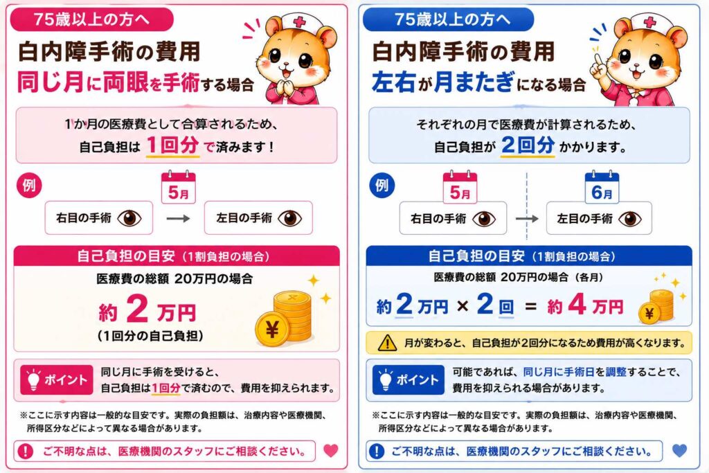 75歳以上の白内障手術で同じ月に両眼を手術する場合と左右の手術が月またぎになる場合の自己負担額を比較した画像