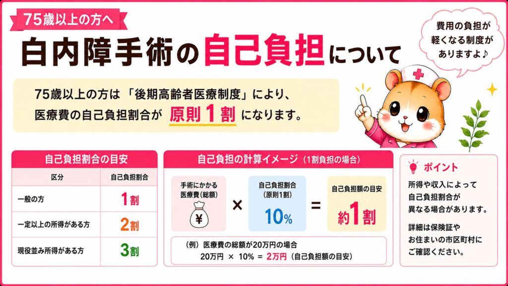75歳以上の白内障手術にかかる自己負担割合と医療費20万円の場合の自己負担額の目安を解説した画像